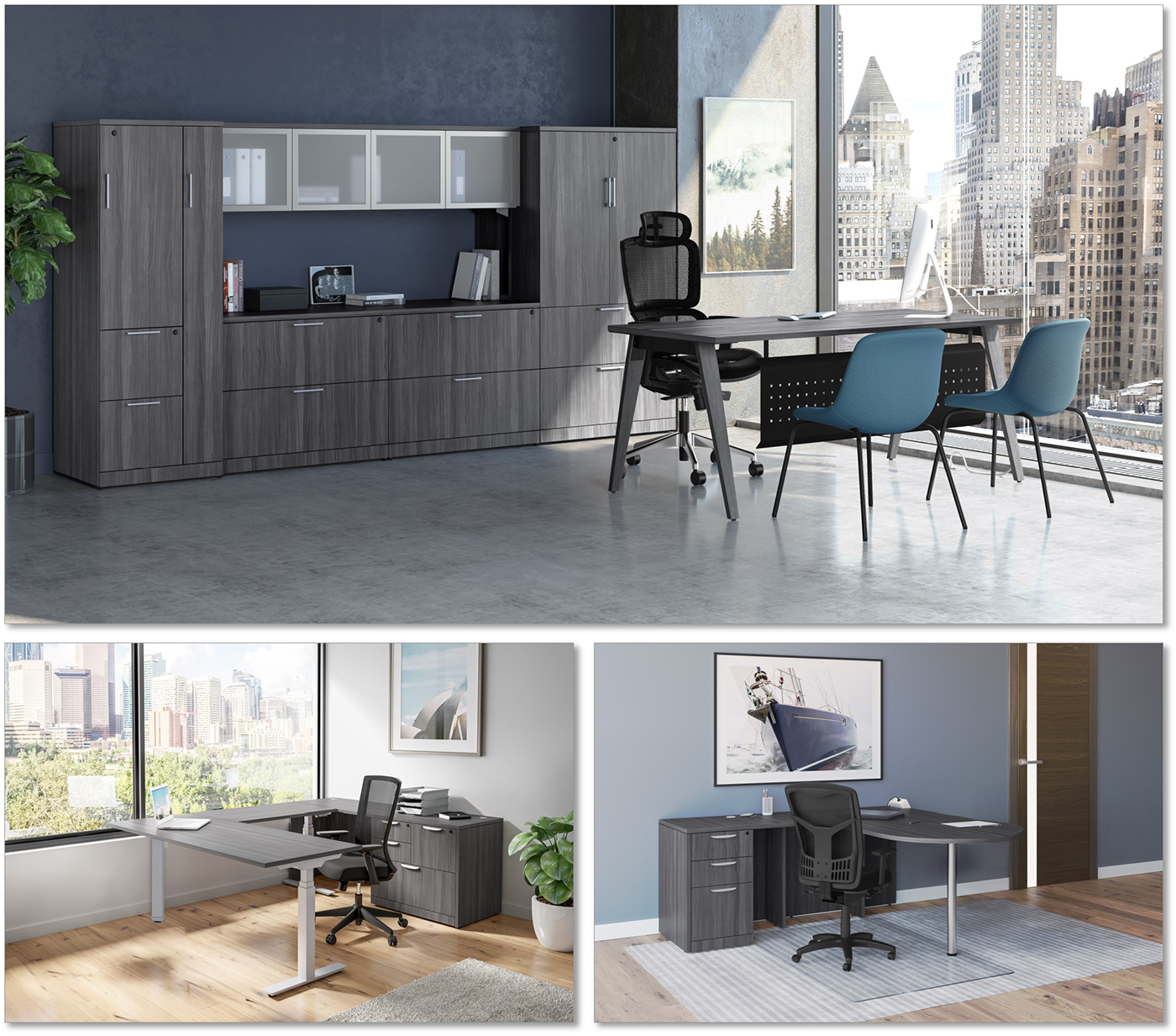 Image of three offices with coastal gray furniture